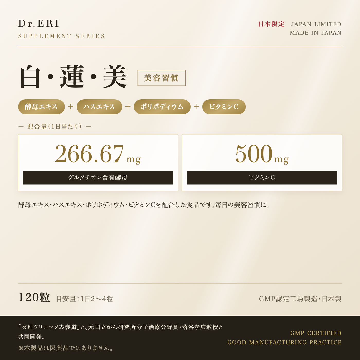 Dr.ERI 白・蓮・美 [30日分/120カプセル] – 衣理クリニック院長 Dr.ERI 
